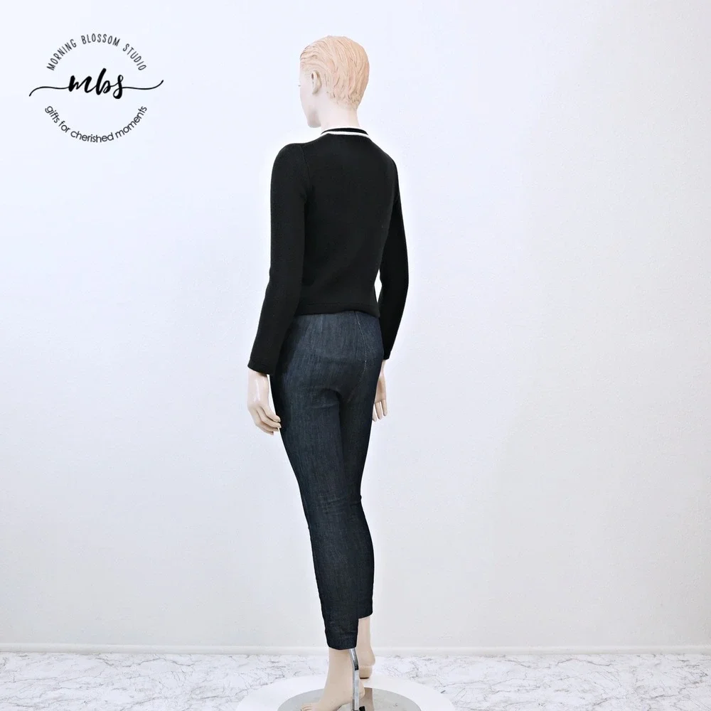 J. Crew Emilie Contrast Trim‎ Gold Button Sweater Jacket Black White Women XXS